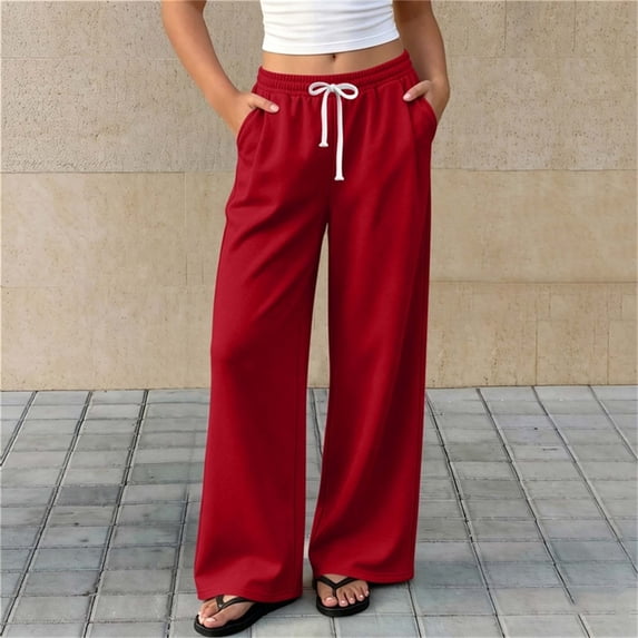 CQONEPT Girls Wide Leg Sweatpants Loose Casual Pants Loose Elastic Waist School Uniform Pant with Pockets Red 5-6 Years