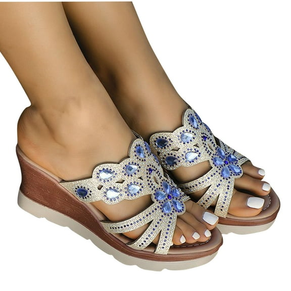 CQONEPT Glitter Platform Wedge Slipper for Womens Sequins Slides Sandals with Arch Support Slip On Rhinestones Wedges Casual Open Toe Dressy Sandal Chunky Platform Sandal Size 5 Blue