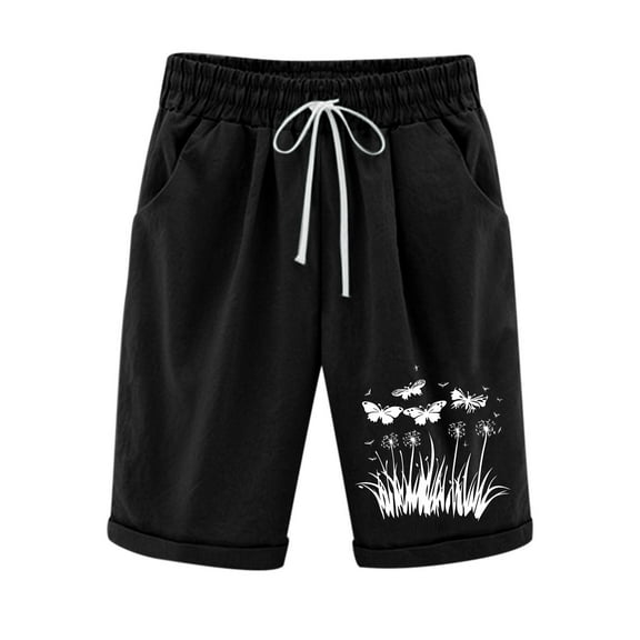 CQONEPT Half Pants for Womens Printed Elastic Waist Leisure Baggy Shorts Wide Leg Summer Vacation Streetwear Short Pants Black M