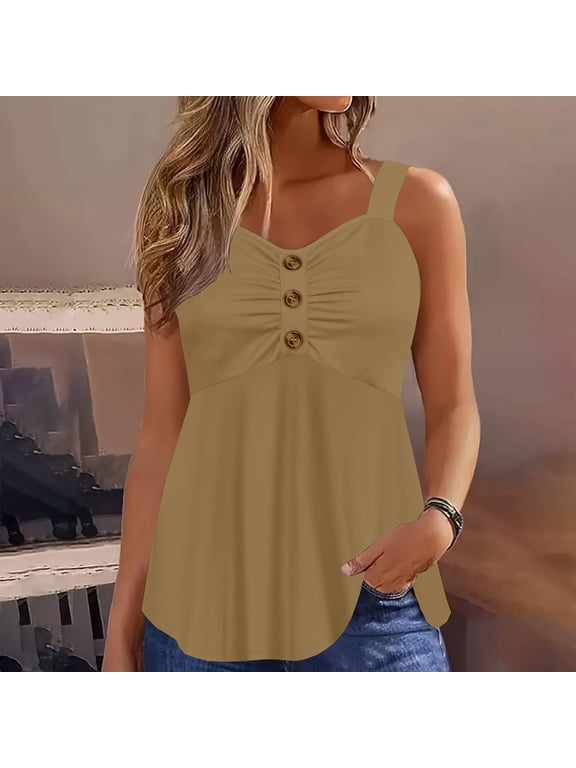 Halter Top for Womens Backless Button Ruffle Tank Tops Summer Casual Sleeveless Shirts Solid Color Top Khaki S