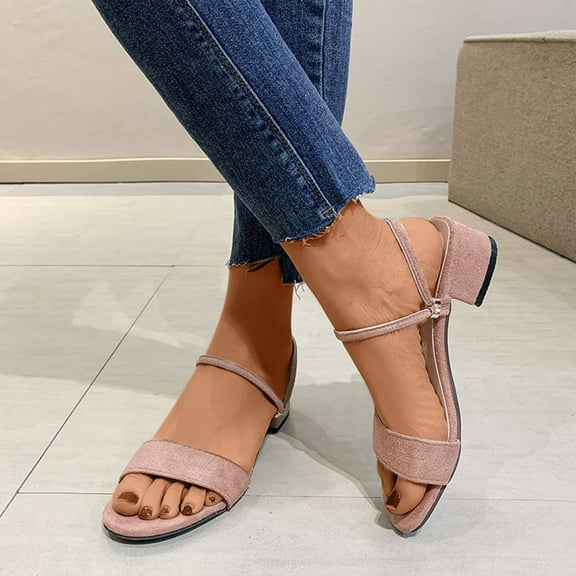 CQONEPT Heel Sandals for Women Open Toe Low Chunky Short Heels Ankle Strap Block Heel Sandals Party Dress Wedding Pump Shoes Size 4.5 Pink