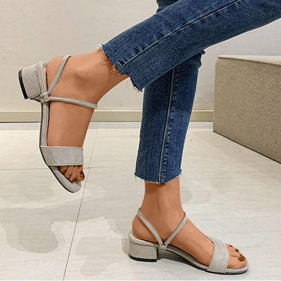 CQONEPT Heel Sandals for Women Open Toe Low Chunky Short Heels Ankle Strap Block Heel Sandals Party Dress Wedding Pump Shoes Size 5.5 Beige
