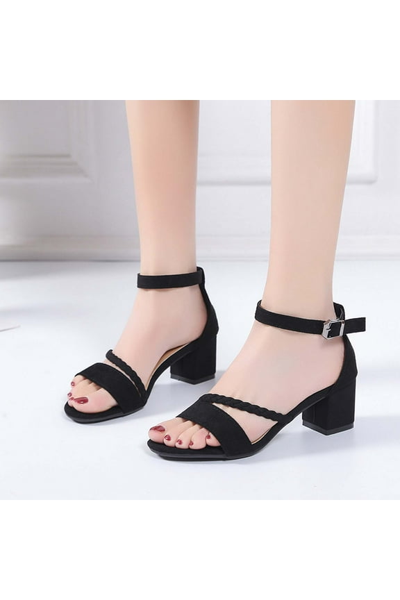 Heel Sandals for Women Open Toe Low Chunky Short Heels Ankle Strap Block Heel Sandals Party Dress Wedding Pump Shoes Size 5 Black