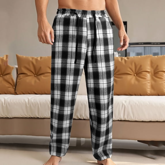 CQONEPT Home Pants for Mens Plaid Elastic Waist Plaid Drawstring Pj Pants Comfortable Straight Leg Pajama Bottom Black M
