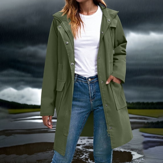 CQONEPT Hooded Jacket for Womens Full Zip Waterproof Button Down Long Overcoat Hiking Softshell Outdoor Coats with Pockets Army Green XL