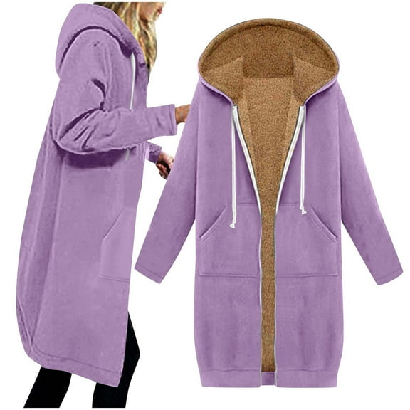 CQONEPT Hoodie Sweatshirt for Womens Fleece Lined Drawstring Overcoat Full Zip Cozy Soft Casual Outerwear with Pockets Purple S