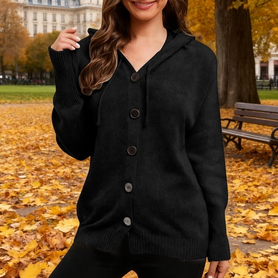 CQONEPT Hoodies Sweaters for Womens Drawstring Casual Button Down Long Sleeve Tops Chunky Winter Hooded Black M