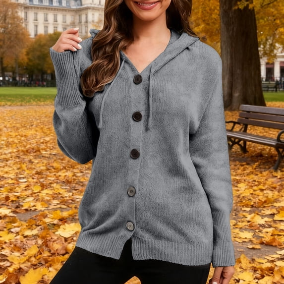 CQONEPT Hoodies Sweaters for Womens Drawstring Casual Button Down Long Sleeve Tops Chunky Winter Hooded Gray M