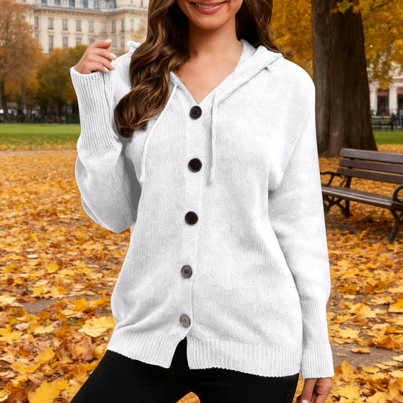 CQONEPT Hoodies Sweaters for Womens Drawstring Casual Button Down Long Sleeve Tops Chunky Winter Hooded White M