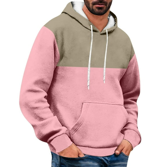 CQONEPT Hoodies for Mens Dressy Casual Athletic Sweatshirts Color Block Pullover Comfy Clothes with Pockets Pink XL