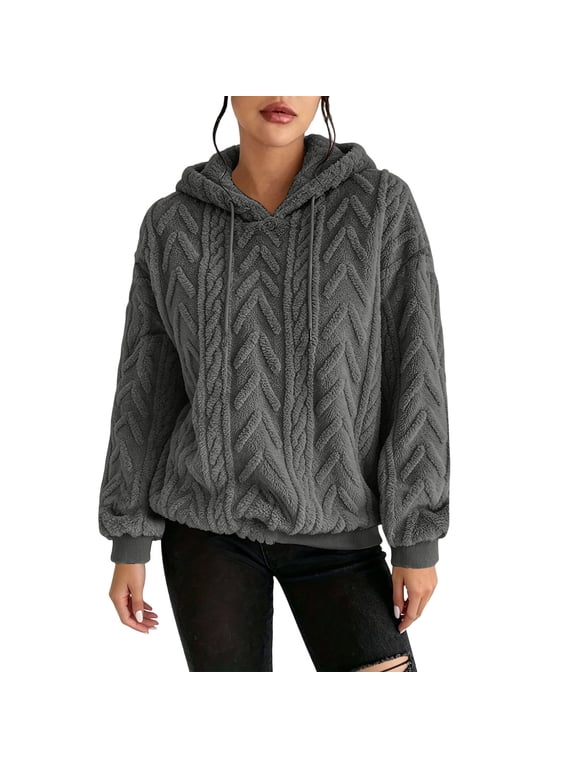 Hoodies for Women Plus Size Double Fleece Fluffy Casual Pullover Drawstring Winter Warm Hooded Sweatshirt Outerwear Dark Gray S