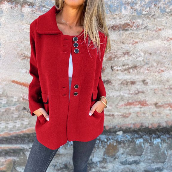 CQONEPT Jacket Coat for Womens Lapel Neck Button Down Overcoat Casual Outdoor Clothes Winter Outerwear with Pockets Red M