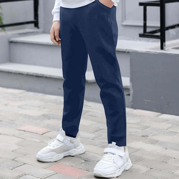 CQONEPT Jogger Pant for Girls Straight Leg Pull On Uniform Pants Activewear Casual Stretchy for Teen Girls Navy 2 Years
