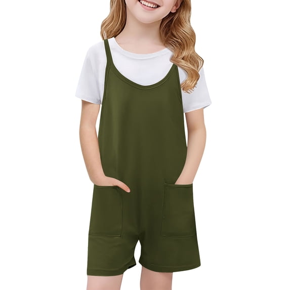 CQONEPT Jumpsuit Romper for Girls Summer Fashion Shorts with Pockets Trendy Cute Bib Overall Sleeveless Spaghetti Army Green 13 Years