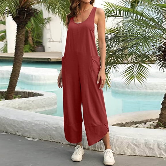 CQONEPT Jumpsuits for Women Casual Summer Dressy Sleeveless Rompers Loose Baggy Long Overalls With Pockets Wine 2XL