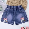 thumbnail image 1 of CQONEPT Kid Girls Jeans Short Pants Elastic Waist Y2k Bow Tie Summer Trendy Outerwear Denim Shorts with Pockets Blue 6 Years, 1 of 4