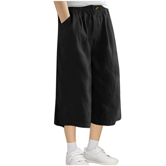 CQONEPT Kids Boy's Capris Cotton Linen Pants Wide Leg Baggy Casual Youth Joggers Elastic Waist Outdoor Pant with Pockets Black 4 Years
