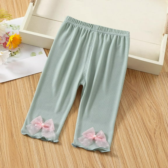 CQONEPT Kids Girls Capris Pants Bow Tie Cute Casual Pant Elastic Waist Wide Leg Fashion Pants for Preppy Green 3 Years