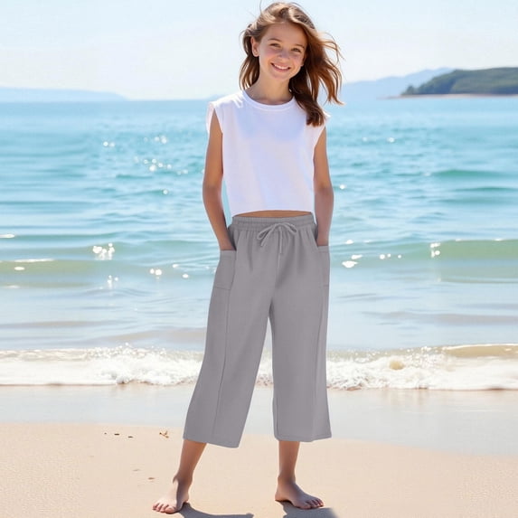 CQONEPT Kids Girls' Capris Pants Drawstring Straight Leg Pant Baggy Casual Lightweight Trousers with Pockets Gray 4 Years