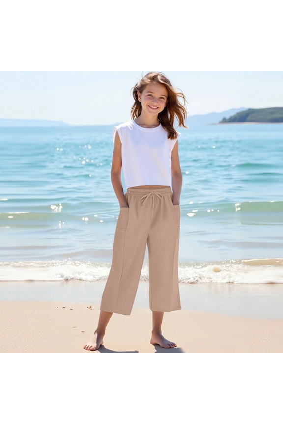 Kids Girls' Capris Pants Drawstring Straight Leg Pant Baggy Casual Lightweight Trousers with Pockets Khaki 6 Years