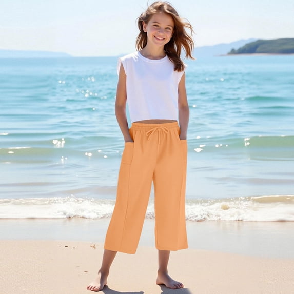CQONEPT Kids Girls' Capris Pants Drawstring Straight Leg Pant Baggy Casual Lightweight Trousers with Pockets Orange 12 Years