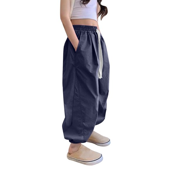 CQONEPT Kids Girls Cotton Pants Elastic Waist Drawstring Tapered Pants Athletic Jogging Trousers with Pockets Gray 120