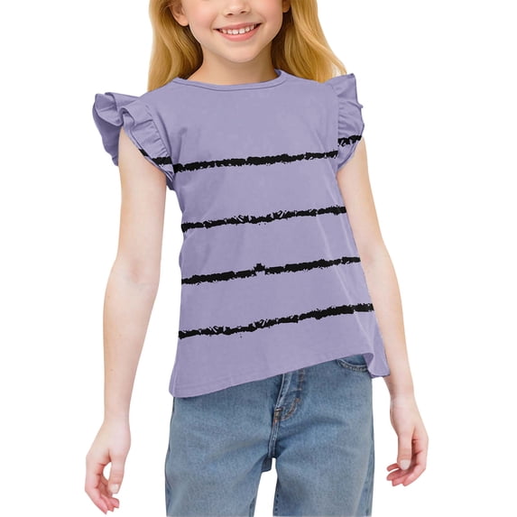 CQONEPT Kids Girls Ruffle Sleeve Cute T Shirts Casual Striped Loose Crewneck Tees Summer Tops for Kids Purple 12 Years