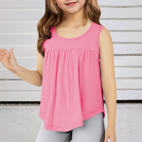 CQONEPT Kids Girls Ruffle Tank Tops Sleeveless Loose Shirts Casual Plain Comfy Light Cute Solid Color Tees Pink 7 Years