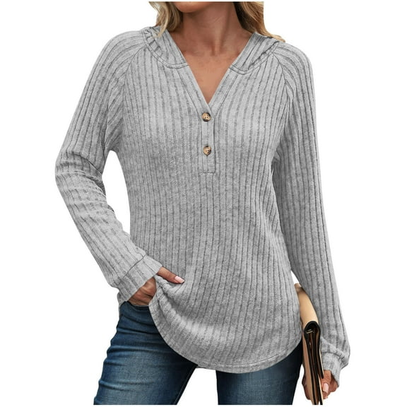 CQONEPT Knit Hoodies for Womens V Neck Raglan Sleeve Sweatshirts Ribbed Dressy Casual Fall Winter Pullover Gray 2XL