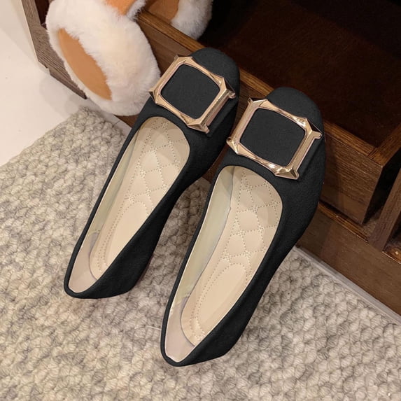 CQONEPT Large Size Flat Shoes for Womens Shallow Mouth Casual Buckle Square Toe for Work Everyday Suede Loafers Black 39