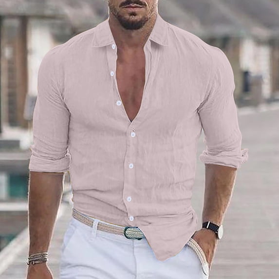 CQONEPT Linen Cotton Blouse for Mens Lapel Neck Button Down Tunic Tops Long Sleeve Shirts Casual Outdoor Clothes Hot Pink L