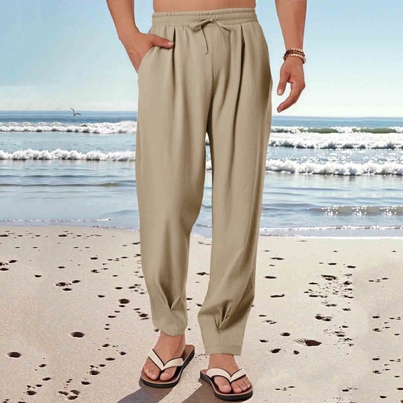 CQONEPT Linen Cotton Pants for Men Pleat Big and Tall Drawstring Lightweight Pant Elastic Waisted Skinny Leg Lounge Trendy Trousers with Pockets Khaki S