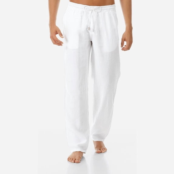 CQONEPT Linen Cotton Pants for Men Elastic Waisted Drawstring Pant Lightweight Comfy Outdoor Trousers with Pockets White M
