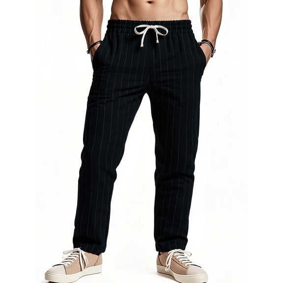 CQONEPT Linen Cotton Pants for Mens Casual Loose Fit Drawstring Pant Straight Leg Lightweight Pants with Pockets Black S