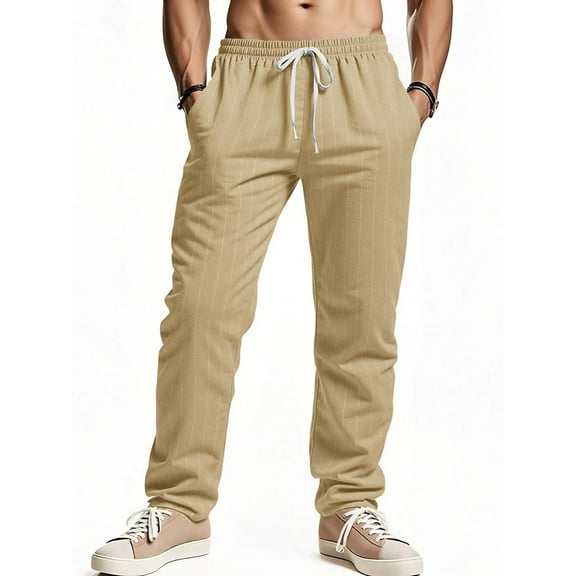 CQONEPT Linen Cotton Pants for Mens Casual Loose Fit Drawstring Pant Straight Leg Lightweight Pants with Pockets Khaki 3XL