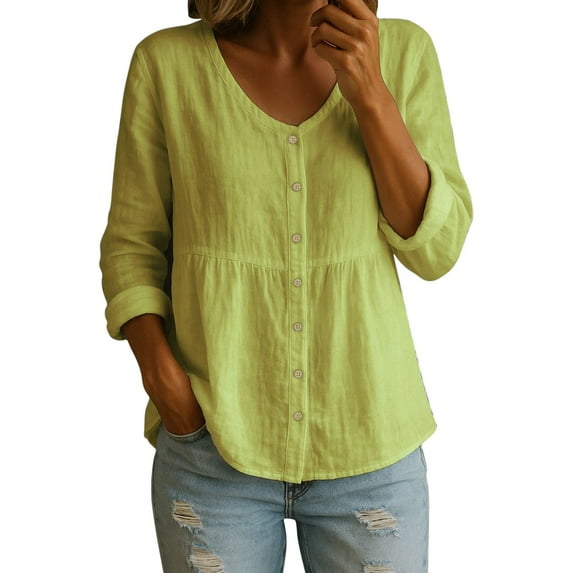CQONEPT Linen Cotton Shirts for Womens V Neck Long Sleeve Tops Casual Loose Fit Button Lightweight Blouse Yellow S