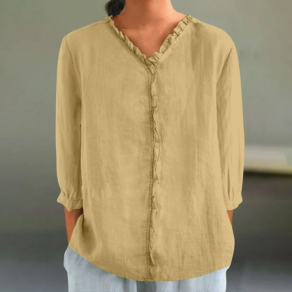CQONEPT Linen Cotton Shirts for Womens V Neck Ruffle Tunic Tops Lounge 3/4 Sleeve Tops Going Out Pullover Khaki L