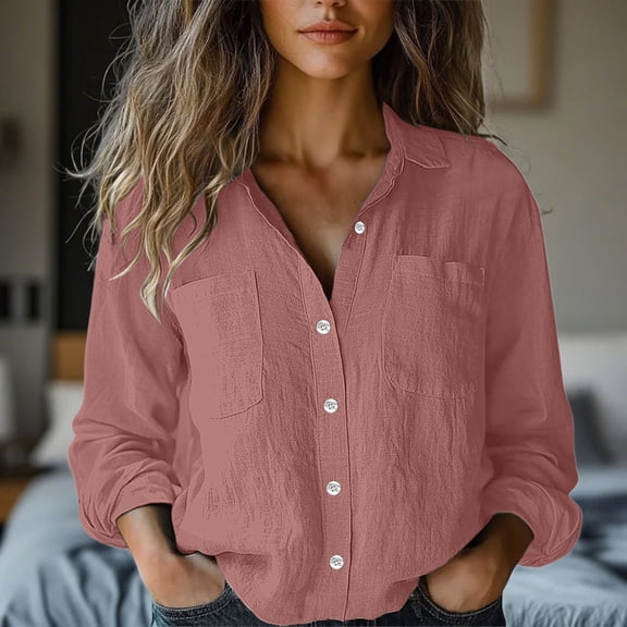 CQONEPT Linen Cotton Tops for Womens Lapel Neck Button Down Long Sleeve Shirts Rolled Up Blouse Pink XL