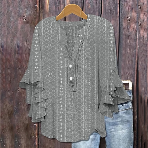 CQONEPT Long Sleeve Ruffle Shirts Henley Button Pullover Tops Tops Trendy Y2K Pullover Casual Blouse Gray S