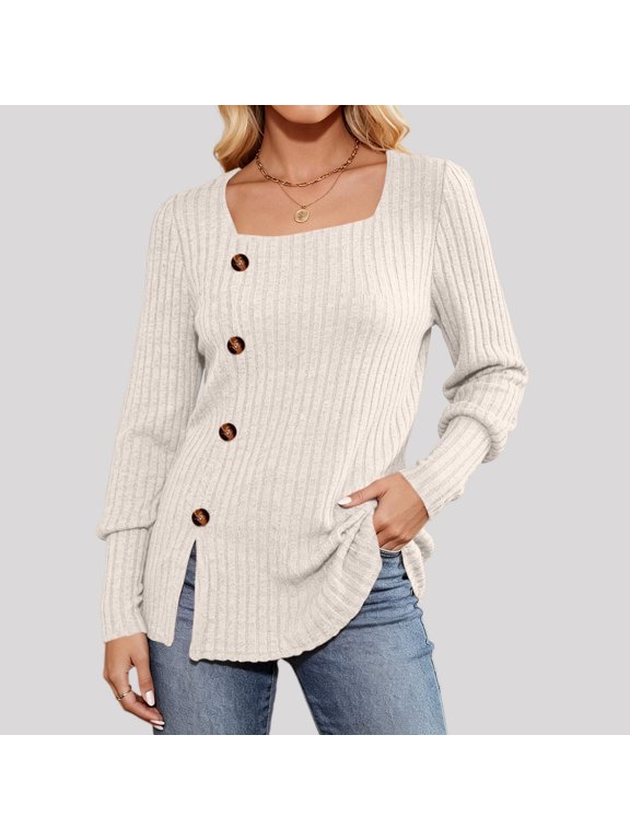 Long Sleeve Shirts for Women Ribbed Square Neck Button Front Slit Slim Fit Top Ribbed Knit Tops Side Slit Fitted Fall Winter Casual Office Shirt L