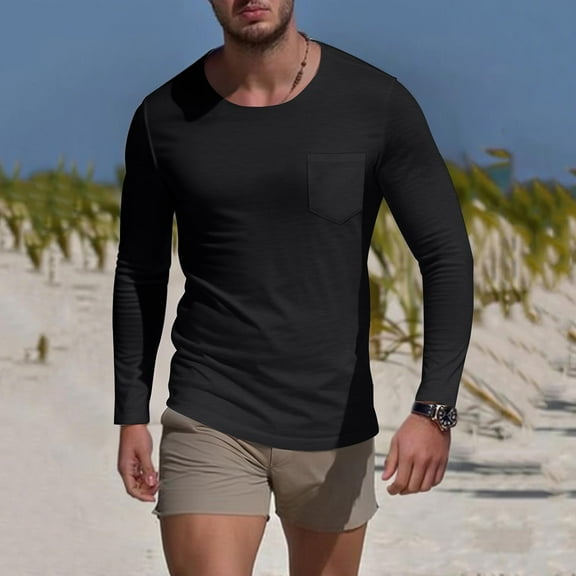 CQONEPT Long Sleeve Shirts for Mens Skinny Comfy Undershitrts Scoop Neck Tees Slim Fit Blouse Lounge Tunic Tops Black S