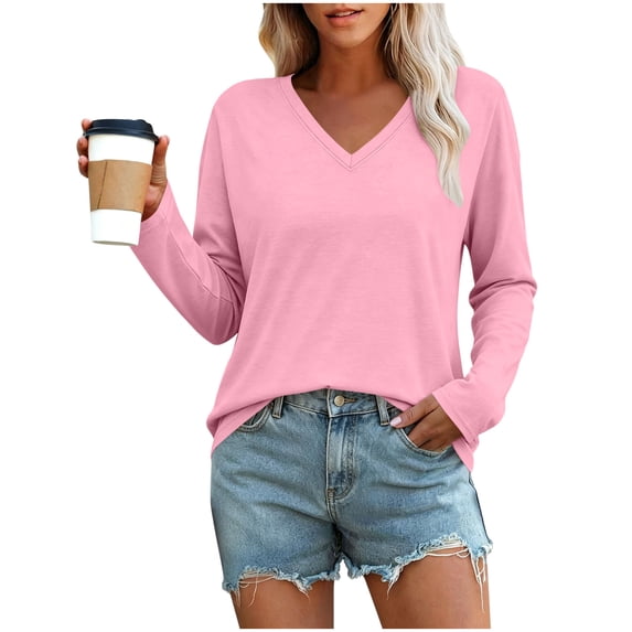 CQONEPT Long Sleeve Shirts for Women Tops V Neck Casual Top Comfortable Shirt Soft Basic Tees Fall Fashion Blouses Tee Pink S
