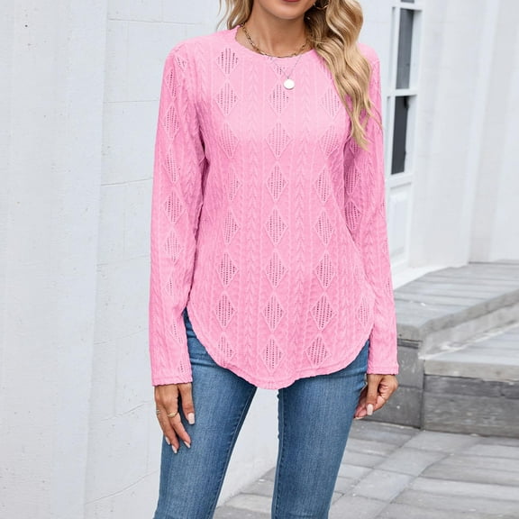 CQONEPT Long Sleeve Shirts for Womens Crewneck Crochet Trendy Tops Casual Loose Fit Tunic Tops Pink XXL