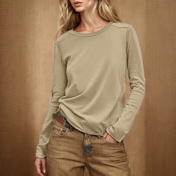 CQONEPT Long Sleeve Shirts for Womens Dressy Casual Pullover Slim Fit Crewneck Tunic Tops Solid Color Clothes Khaki M