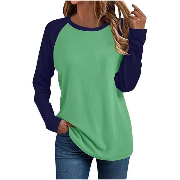 CQONEPT Long Sleeve Tops for Women Baseball Style Tees Crewneck Lightweight Raglan Shirt Color Block Workout Tshirts Green S