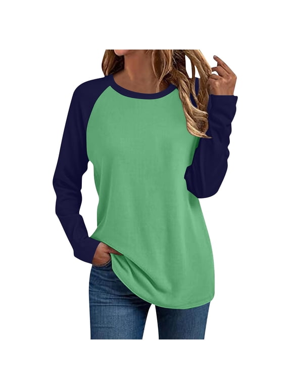 Long Sleeve Tops for Women Baseball Style Tees Crewneck Lightweight Raglan Shirt Color Block Workout Tshirts Green S