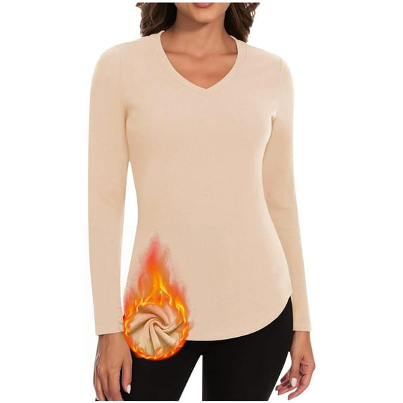 CQONEPT Long Sleeve Tops for Womens Crewneck Fleece Lined Undershitrts Skinny Comfy Tunic Tops Fall Winter Blouse Khaki L