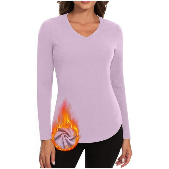 CQONEPT Long Sleeve Tops for Womens Crewneck Fleece Lined Undershitrts Skinny Comfy Tunic Tops Fall Winter Blouse Purple XL