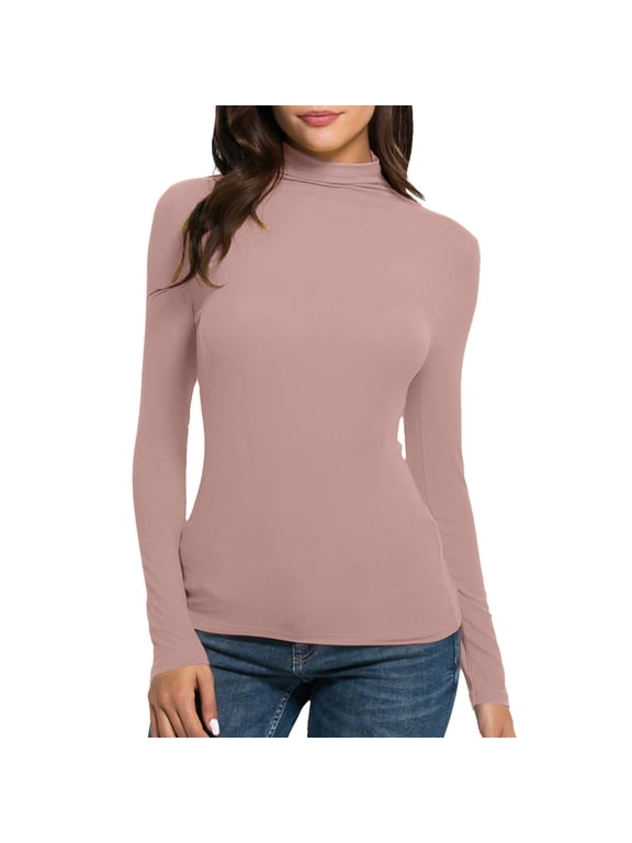 Long Sleeve Tops for Womens Turtleneck Compression Slim Fit Undershitrts Casual Solid Color Blouse Pink M