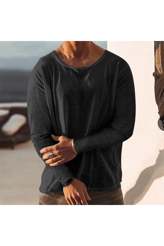 Long Sleeve Tunic Tops for Men Lightweight Skinny Comfy Undershitrts Dressy Casual Crewneck Blouse Black XL